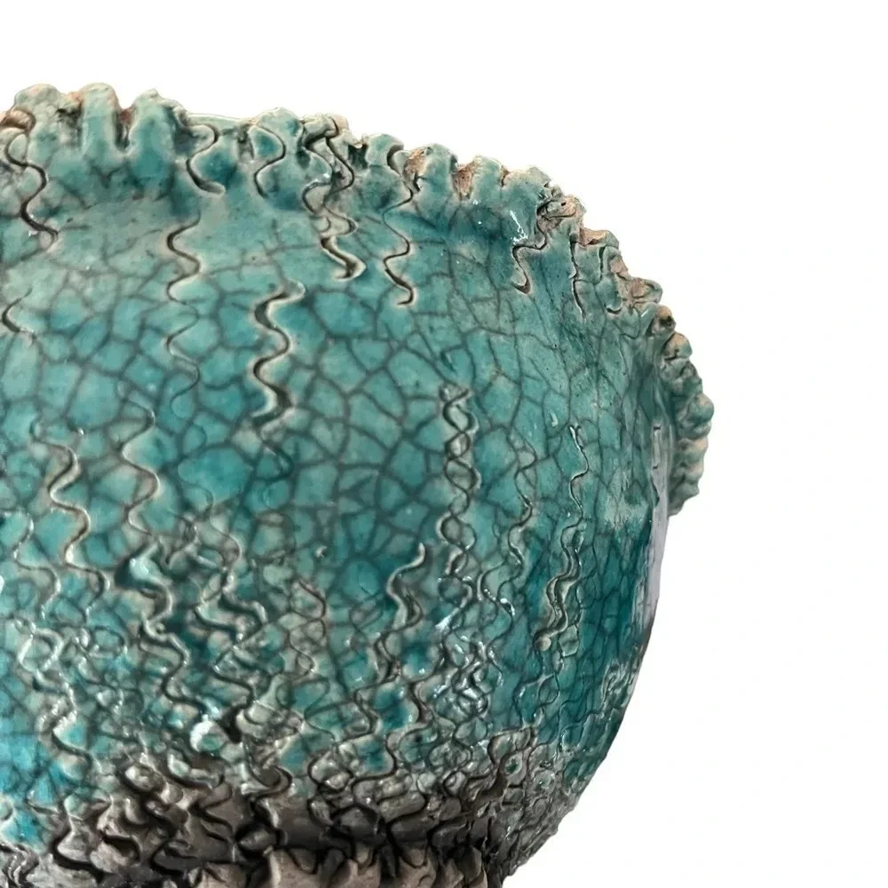 Raku Turquoise Textured Bowl Signed Sindy Unusual